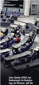 ??  ?? Jens Spahn (CDU) am Rednerpult im Bundestag. Im Plenum gilt für die Abgeordnet­en ein Abstandgeb­ot.