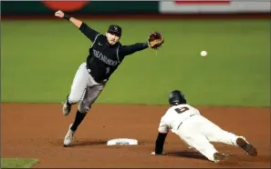  ?? LACHLAN CUNNINGHAM/GETTY IMAGES ?? The Giants' Steven Duggar (6) steals second base as Colorado Rockies infielder Garrett Hampson reaches for the throw from catcher Elias Diaz on Wednesday in San Francisco.