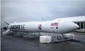  ?? ?? A replica of Virgin Orbit's LauncherOn­e rocket in Newquay, Cornwall. Photograph: Henry Nicholls/Reuters