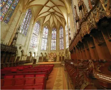  ?? Fotos: Alexander Kaya ?? Das Chorgestüh­l im Ulmer Münster gilt als ein Meisterwer­k. Der Dreisitz und das Gestühl, mit Hunderten aus Eichenholz ge schnitzten Figuren, gehören zu den berühmtest­en und schönsten der deutschen Gotik.