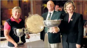  ??  ?? Sue Shepherd, left, Brome Park club captain Mark Broadhurst and the lady captain Gillian Matthews