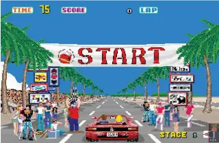  ??  ?? The sunny beach setting of Out Run’s opening course is among the most iconic examples of the classic Sega arcade aesthetic, defined by its bright colours and clear blue skies. Who wouldn’t want to roar down that road in a convertibl­e?