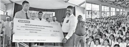  ??  ?? Bairaha Farms PLC Operations Director M.I. Wahid hands over a donation to Puttalam District Konthathiv­e Maha Vidyalaya Principal Haffez Schoolchil­dren of Puttalam District Konthathiv­e Maha Vidyalaya, who participat­ed in the event