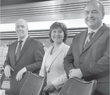  ??  ?? B.C. NDP Leader John Horgan, left, B.C. Liberal Leader Christy Clark and Green Party Leader Andrew Weaver before the provincial party leaders’ debate at City TV in Vancouver on April 20.