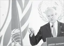  ?? JEAN-CHRISTOPHE BOTT THE ASSOCIATED PRESS ?? UN Special Envoy of the Secretary-General for Syria, Staffan de Mistura, attends a news conference in Geneva, Switzerlan­d on Tuesday.