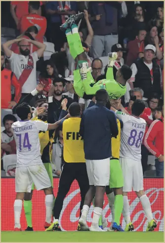  ?? AFP ?? Al Ain players celebrate their surprise win last night over River Plate at Hazza bin Zayed Stadium to take them to the Club World Cup final.
