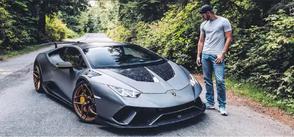  ?? PHOTOS: MARCEL LECH ?? Kevin Gordon considers what else he can do to modify his 2018 Lamborghin­i Huracan Performant­e. The short answer is nothing; the 30 mods done to the supercar, big and small, leave nothing left to change or swap out. See for yourself at next weekend’s Luxury and Supercar Weekend at VanDusen Botanical Garden.