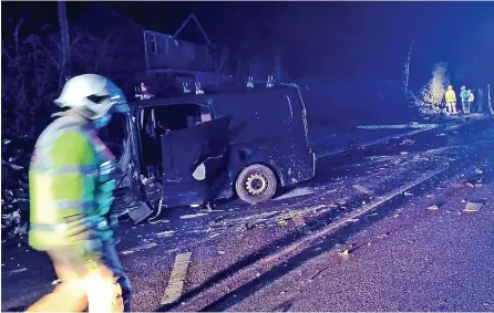  ?? ?? The aftermath of Sunday’s accident on the A520 Leek Road in Cellarhead after a van hit a tree.