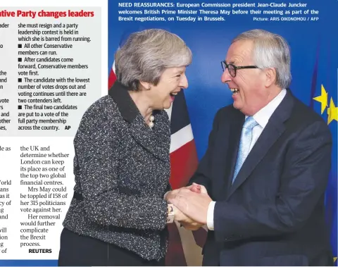  ?? Picture: ARIS OIKONOMOU / AFP ?? NEED REASSURANC­ES: European Commission president Jean-Claude Juncker welcomes British Prime Minister Theresa May before their meeting as part of the Brexit negotiatio­ns, on Tuesday in Brussels.