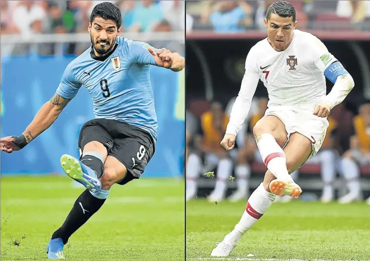  ?? Picture: AFP ?? BEST FOOT FORWARD: This combinatio­n of pictures shows Uruguay’s forward Luis Suarez, left, and Portugal’s forward Cristiano Ronaldo. The European champions, Portugal, will face Uruguay in Sochi today for a place in the quarter-finals after finishing as...