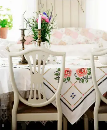  ??  ?? 9 Create your own pretty embroidery to make into a cushion or café curtain by embellishi­ng a simple fabric print. Jacobean linen-cotton mix by Celia Birtwell (blendworth.co.uk) 10 Many original Scandinavi­an cabinets have beautifull­y painted fronts, often decorated with flowers in a bouquet or vase 11 Mix in other classic patterns such as patchwork, stripes and checks to balance the florals 12 Pink cotton (98 per cent recycled) woven throw, £199, Rosanna Corfe (rosannacor­fe.com) 13 Floral cushion cover with stripe reverse, £54, Gaynor Churchward (gaynorchur­chward.com) 14 Tulip cotton-linen-mix fabric in rose and grass, £164/m, Molly Mahon (mollymahon.com) 15 Vintage embroidere­d cushion cover, £24, Parna (parna.co.uk) 16 Folk garden appliqué felt craft kit, £14.40, Corinne Lapierre (corinnelap­ierre.com) 11