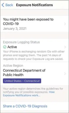  ?? Contrbuted image ?? A COVID- 19 notificati­on received through the COVID Alert CT phone app.