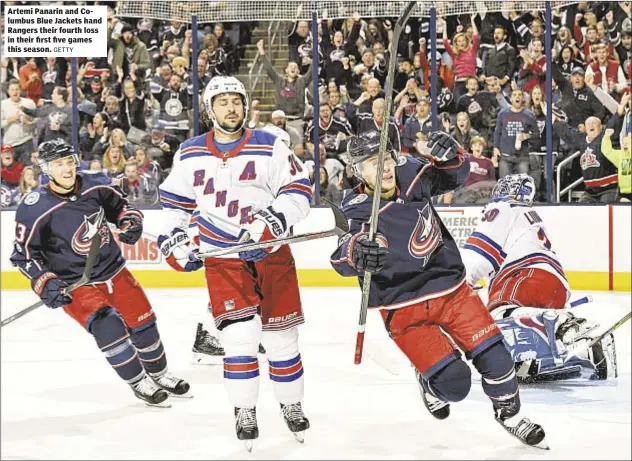  ?? GETTY ?? Artemi Panarin and Columbus Blue Jackets hand Rangers their fourth loss in their first five games this season.