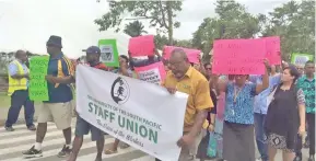  ??  ?? The University of the South Pacific Staff Union members marched at the USP Laucala Campus yesterday.