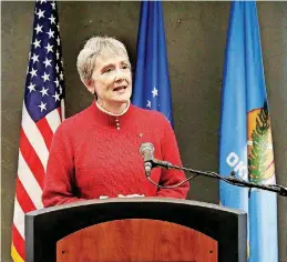  ?? [PHOTO BY JIM BECKEL, THE OKLAHOMAN] ?? U.S. Air Force officials have selected Tinker Air Force Base to provide maintenanc­e for the B-21 Raider once the bomber comes online in the mid-2020s, Air Force Secretary Heather Wilson announced at a news conference at the base Friday afternoon.
