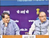  ??  ?? Railways minister Suresh Prabhu (L) with FM Arun Jaitley at a press conference announcing the Cabinet’s decision to merge the general budget and the rail budget, in New Delhi last week