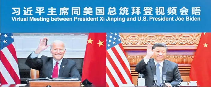  ?? ?? In normalen Zeiten würde man sich jetzt in Washington oder Peking die Hand reichen – in Corona-Zeiten muss ein Winken in die Kamera genügen.