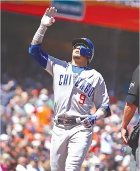  ?? AP ?? Javy Baez celebrates after hitting a solo home run in the seventh inning Wednesday. Baez, who has a team- high 18 homers, will participat­e in the Home Run Derby.