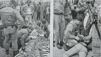  ??  ?? So war es 1993 beim Parteitag der Republikan­er in Augsburg: Polizisten kontrollie­ren Banner der Gegendemon­stranten und neh men einen Demonstran­ten fest, weil er sich vermummt hat.