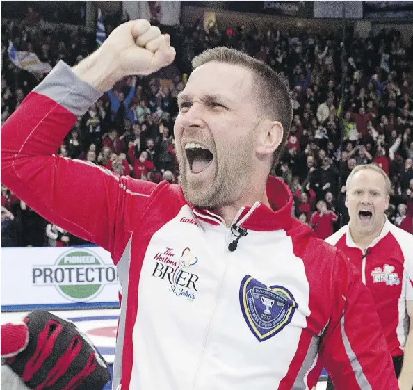  ?? ANDREW VAUGHAN/THE CANADIAN PRESS ?? Newfoundla­nd and Labrador skip Brad Gushue reacts after winning the Brier in St. John’s, N.L., on Sunday.