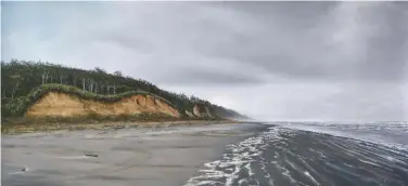  ??  ?? A Sense Of Place, soft pastel, 12 x 27" (30½ x 69 cm)
This endless beach feels to me like a view of the beginning of the world; cliffs and trees carved by wind and water, mist on the horizon. I used a diagonal compositio­n to give equal weight to land and space. I softened the distance, used shards of pastel for tree trunks and detail and applied pastel loose and random for foam on the beach and waves.