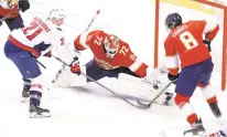  ?? MARTA LAVANDIER/AP ?? Florida Panthers goaltender Sergei Bobrovsky stops a shot by Washington Capitals right wing Garnet Hathaway during Game 2 of the teams’ firstround playoff series Thursday.