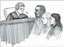  ?? TOM GIANNI SKETCH/AP ?? Kelly appears before U.S. Magistrate Sheila Finnegan in Chicago on Friday with attorney Steve Greenberg and an unidentifi­ed prosecutor.