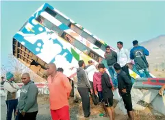  ??  ?? A bus from Maharashtr­a hangs off a ghat road at the Chinnarutl­a curve, 15 km from Srisailam in the Nallamala forests on Sunday. All the 40 passengers, residents of Beed in Maharashtr­a travelling to the temple town, were safe. Police said the incident occurred when the steering wheel of the bus got dislodged and the vehicle drove straight through the retaining wall and came to rest on the mountainsi­de.