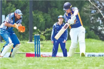  ??  ?? Eagles batsman Jaxon Notman cuts for runs in the Division 2 game between Ellinbank and Western Park on Saturday.