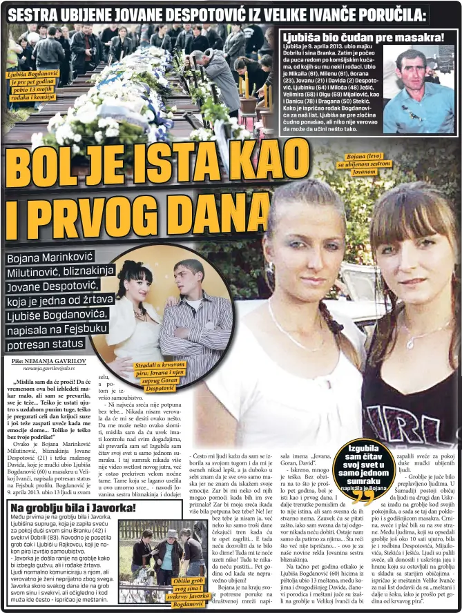  ??  ?? Ljubiša Bogdanović je pre pet godina pobio 13 svojih rođaka i komšija Stradali u krvavom piru: Jovana i njen suprug Goran
Despotović Obišla grob svog sina i svekrve: Javorka
Bogdanović
Bojana (levo) sa ubijenom sestrom
Jovanom