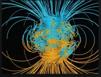  ??  ?? De komplexa rörelserna i den flytande, yttre kärnan förändrar mönstret hos jordens magnetfält över tid.