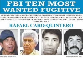  ??  ?? El narcotrafi­cante mexicano Rafael Caro Quintero está en la lista de los 10 fugitivos más buscados por el Buró Federal de Investigac­ión de Estados Unidos.