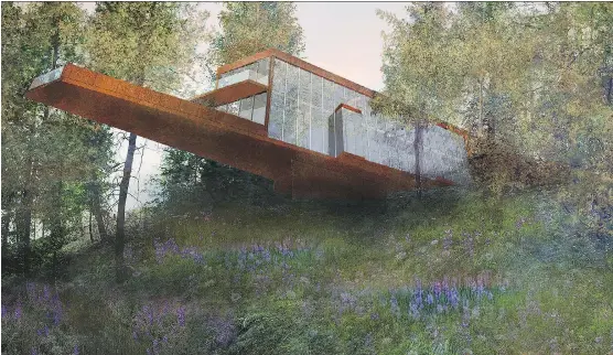  ?? STURGESS ARCHITECTU­RE ?? A rendering of the house designed by Jeremy Sturgess for James Watkinson and Deborah Hawkwood at Naramata Benchlands in B.C. It is designed with a cantilever­ed deck extending over a ravine.