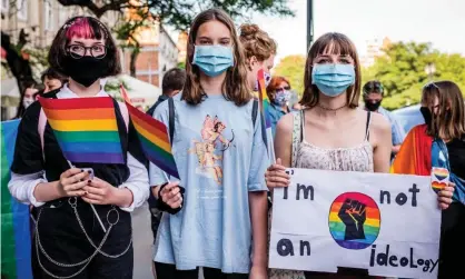  ??  ?? LGBTQ protesters in Gdansk, Poland, on 24 June. Photograph: Marcin Bruniecki/Rex/Shuttersto­ck