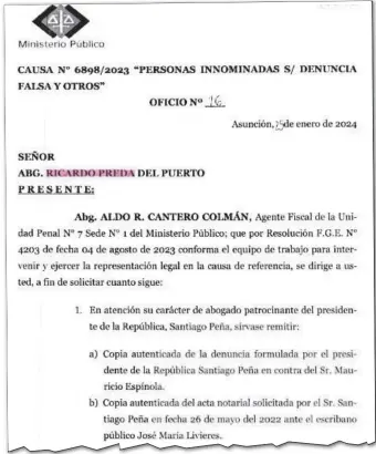  ?? ?? Una de las solicitude­s de Aldo Cantero a la Seprelad, del documento de descargo de Horacio Cartes.