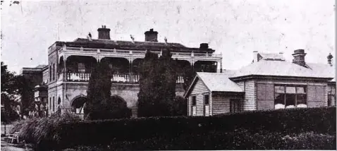  ?? ?? The early hospital looking from the west with a detached operating theatre in the foreground, added in the 1890s.