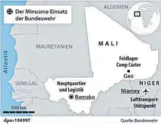  ?? ?? Die Mission „Multidimen­sionnelle Intégrée des Nations Unies pour la Stabilisat­ion au Mali" (Minusma) der Bundeswehr ist auf drei Standorte in Mali und im Nachbarsta­at Niger verteilt.