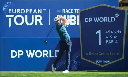  ??  ?? Victor Perez of France tees off on the first hole at the DP World Tour Championsh­ip. Photograph: Andrew Redington/Getty Images