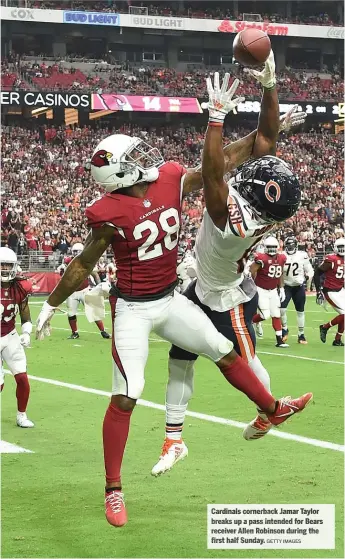  ?? GETTY IMAGES ?? Cardinals cornerback Jamar Taylor breaks up a pas sin tended for Bears receiver Allen Robinson during thefirst ha lfS unday.