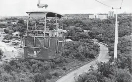  ?? Staff file photo ?? In 1989, a couple take in the sights during the five-minute ride. The beloved sky ride near the San Antonio Zoo opened in 1964 and closed in 1999.