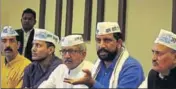  ?? YOGENDRA KUMAR/HT PHOTO ?? In a media briefing on Thursday, Aam Aadmi Party’s Haryana unit ■ chief Naveen Jaihind (second from right) criticised the state government for rising crimes against women.