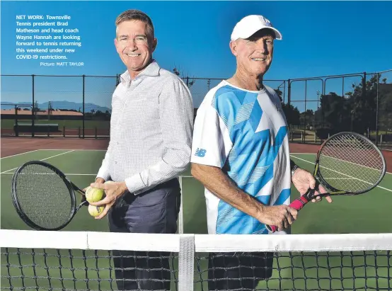  ?? Picture: MATT TAYLOR ?? NET WORK: Townsville Tennis president Brad Matheson and head coach Wayne Hannah are looking forward to tennis returning this weekend under new COVID-19 restrictio­ns.