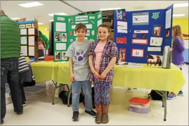 ?? PHOTOS BY LAUREN HALLIGAN — LHALLIGAN@DIGITALFIR­STMEDIA.COM ?? Nicholas Sharp and Ellen Weller-Zembo with their projects at the Ballston Spa Central School District Elementary Science and Engineerin­g Fair, held Saturday at the Milton Terrace/Wood Road Elementary School Cafeteria in Ballston Spa.