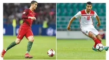 ??  ?? THIS COMBINATIO­N OF PICTURES created on June 18 shows Portugal’s Cristiano Ronaldo (L) on June 28, 2017 in Kazan and Morocco’s Younes Belhanda on June 9 in Talinn.