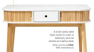 ??  ?? In live-work rooms, use colour and similarly styled furniture to blend your “office” seamlessly with your existing decor.
A small vanity table looks stylish in a den or bedroom, and can double as a laptop desk.
White and Wood DESK, $180, homesense.ca.