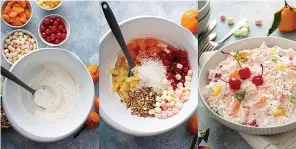  ?? (Elena Vaselova for My Baking Addiction via AP). ?? This combinatio­n of photos shows the stages of preparatio­n for Ambrosia salad for the food blog My Baking Addiction in Suwanee, Ga. The fluffy fruit concoction has a history dating back more than 100 years.