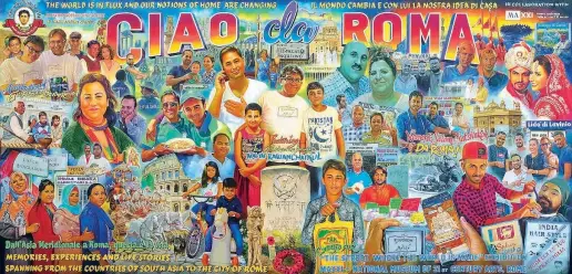  ??  ?? Cartolina postmodern­a Sotto, «Ciao da Roma» di Navin Rawanchaik­ul, un imponente olio su tela tra Bollywood e la periferia romana