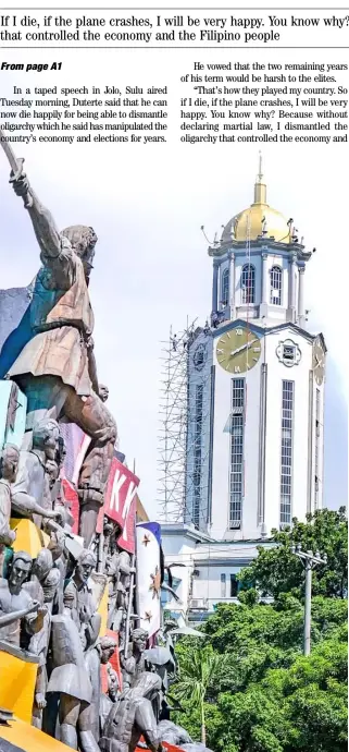  ?? PHOTOGRAPH BY YUMMIE DINGDING FOR THE DAILY TRIBUNE @tribunephl_yumi ?? WORKERS repainting the historic clock tower of the Manila City Hall are tiny dots as the venue gets spruced up to take advantage of the controlled number of people visiting the landmark.