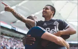  ?? The Canadian Press ?? Vancouver Whitecaps’ Cristian Techera celebrates his second goal against the New England Revolution during MLS action in Vancouver on May 26.