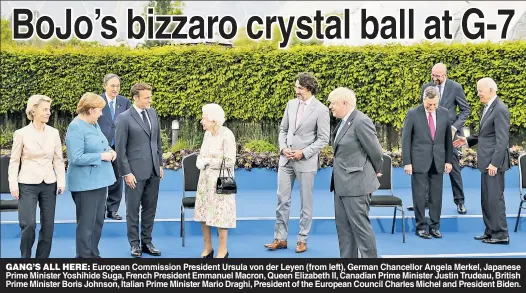  ??  ?? GANG’S ALL HERE: European Commission President Ursula von der Leyen (from left), German Chancellor Angela Merkel, Japanese Prime Minister Yoshihide Suga, French President Emmanuel Macron, Queen Elizabeth II, Canadian Prime Minister Justin Trudeau, British Prime Minister Boris Johnson, Italian Prime Minister Mario Draghi, President of the European Council Charles Michel and President Biden.